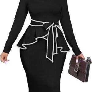 Bodycon Black Peplum Dress with tie belt Accent